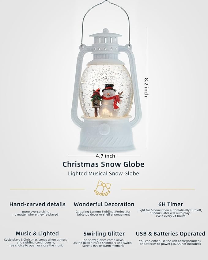 Christmas Snow Globes Snowman Decor, Musical Glitter Globe Light Up 6H Timer Cardinal Mailbox Village Snowman Snow Globe Christmas Decorations