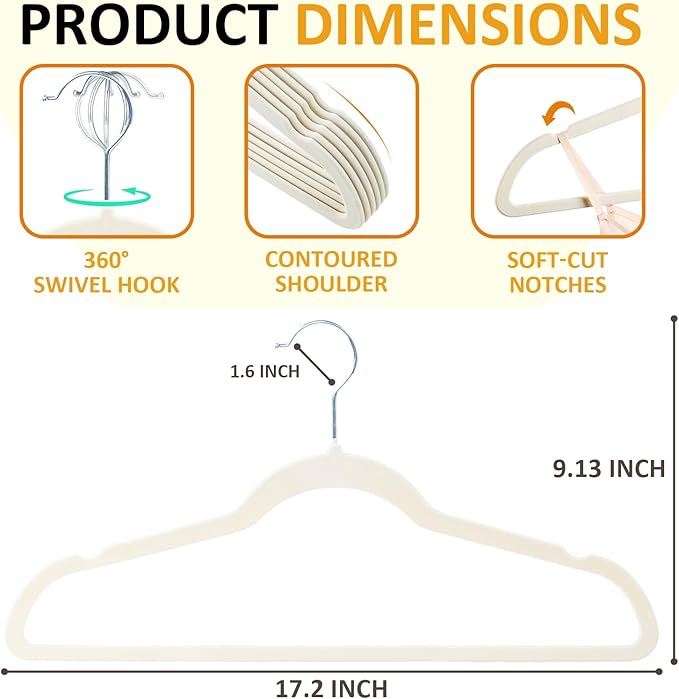 ELONG HOME Velvet & Slim Felt Hangers 50 Pack, Beige 360 Swivel Hook Non-Slip Adult Hangers for Coats, Pants & Dress Clothes