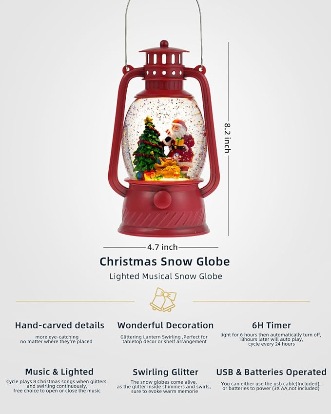 Christmas Decorations Snow Globe Santa, Musical Glitter Christmas Snow Globes 6H Time Light Up Santa Claus Lantern Christmas Decor Indoor