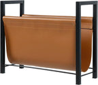 MyGift 15 Inch Modern Caramel Leatherette Magazine Holder with Rectangular Black Metal Frame, Floor Standing Faux Leather Book Storage Newspaper Rack, Home Bathroom Decor