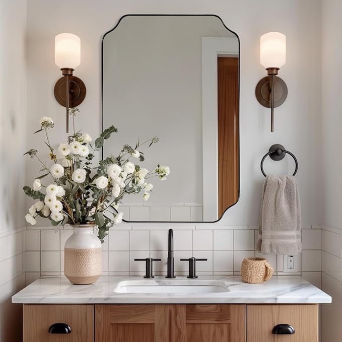 ANDY STAR Bathroom Vanity Mirror, 24x36 Inch Matte Black Mirror, Modern Rectangle Mirrors for Bathroom, Asymmetrical Wall Mirror with Scalloped Round Corner