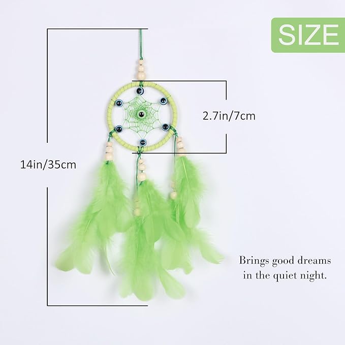 Pretty Jolly Small Evil Eye Dream Catchers Wall Decor Wood Beads Handmade Green Feathers Mini Dreamcatchers Home Decoration Ornament for Car Bedroom Birthday Party