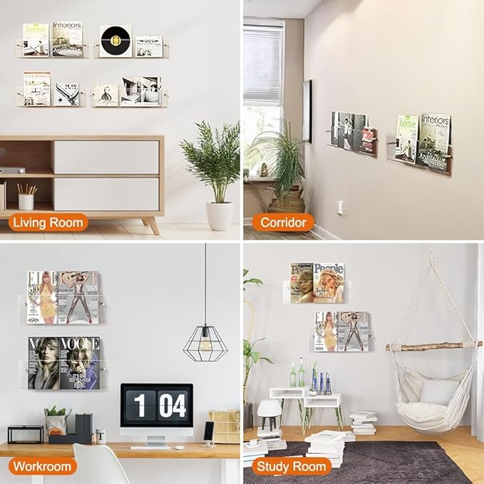 Kalakey 2 Pack Acrylic Magazine Holder Wall Mount, Clear Vinyl Records Holder Wall Magazine Rack for Books, Comics, Wall-Mounted Display Shelf