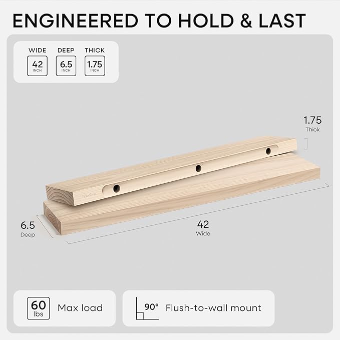 Homeforia 42 inch Wood Floating Shelf, High End Solid Natural Wood 42inch Large Floating Shelves for Wall Mounted, Unfinished Wooden Floating Shelves, Heavy Duty Bracket, 42 X 6.5 X 1.75 in, Set of 3