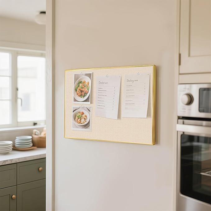 Linen Bulletin Board 24" x 18", Fabric Pin Board with Gold Aluminum Frame, Decorative Vision Board for Home Office, Bedroom & Dorm Wall Decor, Includes 10 Push Pins, Beige
