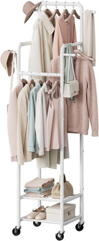 Chrislley Clothes Rack with Wheels, 71" Portable Clothing Rack with 2 Shelves and 4 Hooks, Small Rolling Garment Rack, 4 Hanging Rods Metal Coat Rack for Bedroom, Apartment, Entryway, White