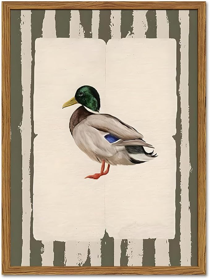 Framed Vintage Mallard Duck Wall Art, Country Farmhouse Duck Pictures Wall Decor, Rustic Wildlife Animal Paintings Canvas Prints Cottagecore Home Decor for Living Room Bedroom nursery 16x24 inch
