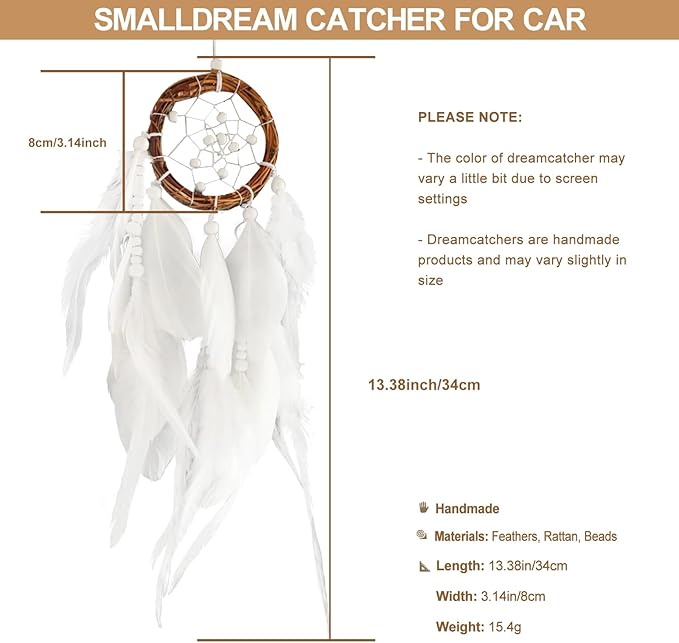 Mini Dream Catcher Car Rear View Mirror Accessories White Wall Hanging Native American Car Interior Decor Charms Natural Rattan Feathers Ornament for Women