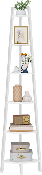 Hoctieon Corner Shelf, 6-Tier Corner Bookshelf, Rustic Ladder Shelf, Industrial Display Stand for Living Room, Kitchen, Home Office, Balcony, Small Space, Metal Frame, White