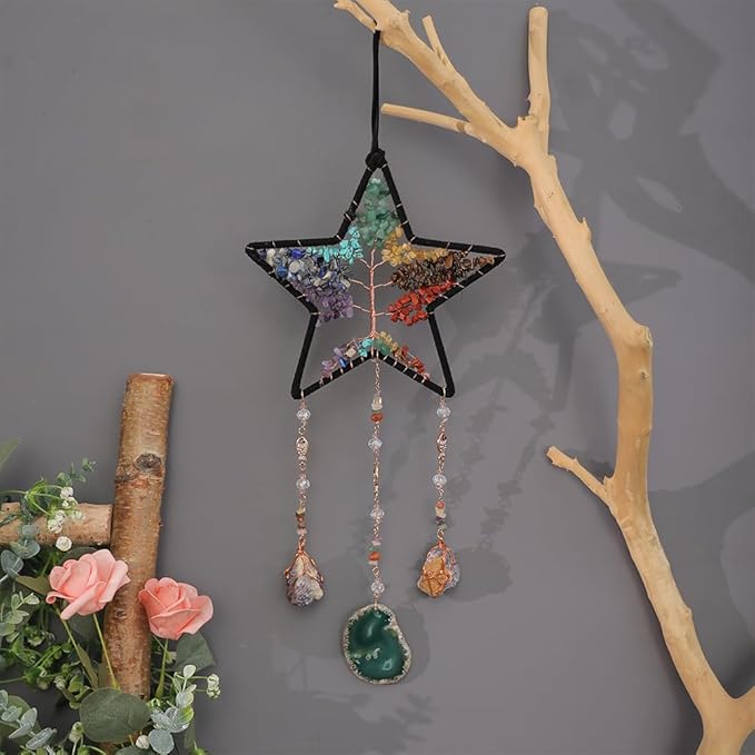 7 Chakra Dream Catcher Tree of Life Dream Catchers for Room Decoration Handmade Dreamcatcher Natrual Agate Gemstone Wall Hanging Ornament (Seven Colors)