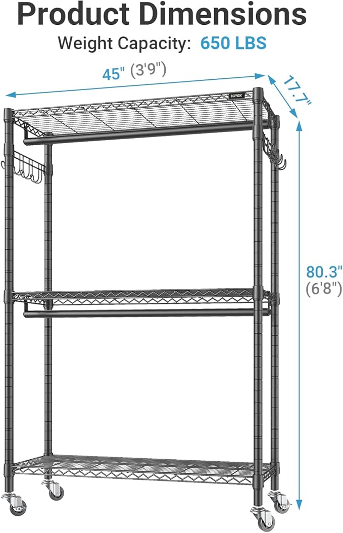 VIPEK R2C Plus Heavy Duty Rolling Garment Racks with Cover Clothing Rack for Hanging Clothes Portable Closet with Adjustable Wire Shelving & Double Rods, Black Rack with Black Upgraded Polyester Cover