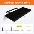 Upassion Floating Shelves for Wall Set of 3, 16" Black Wall Shelves for Home Decor, Frame Display Floating Shelf for Living Room, Bedroom, Bathroom, Kitchen