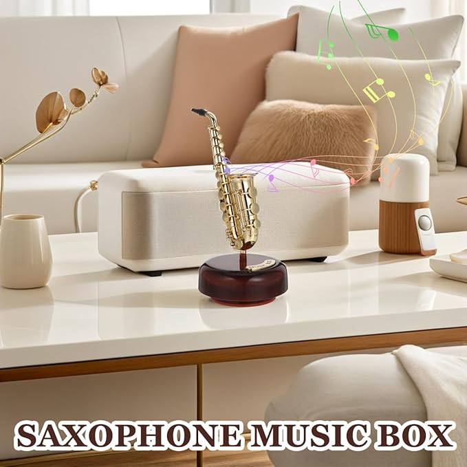 Mini Saxophone Music Box, 7.9in Classic Home Decorative Saxophone, Small Musical Mum Trinket Instrument Ornaments for Home Decoration Housewarming Desktop
