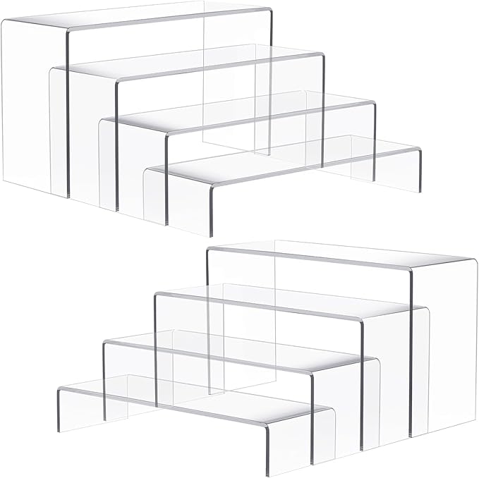 Anglelife Large Acrylic Risers, 8 Pcs 2 Set (7”L~8”L~9”L) Rectangular Stands Shelf Clear for Decor, Clear Display Risers Cake Shelves Retail Shoe Showcase