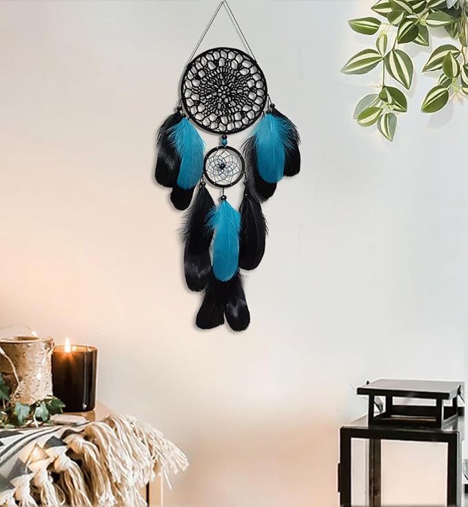 5 Pack Black Teal Dream Catchers Wall Decor Moon and Sun Feather Handmade Traditional Dreamcatchers Large Boho Macrame Wall Hanging for Bedroom Adult Native American Decor Bohemian Decorations