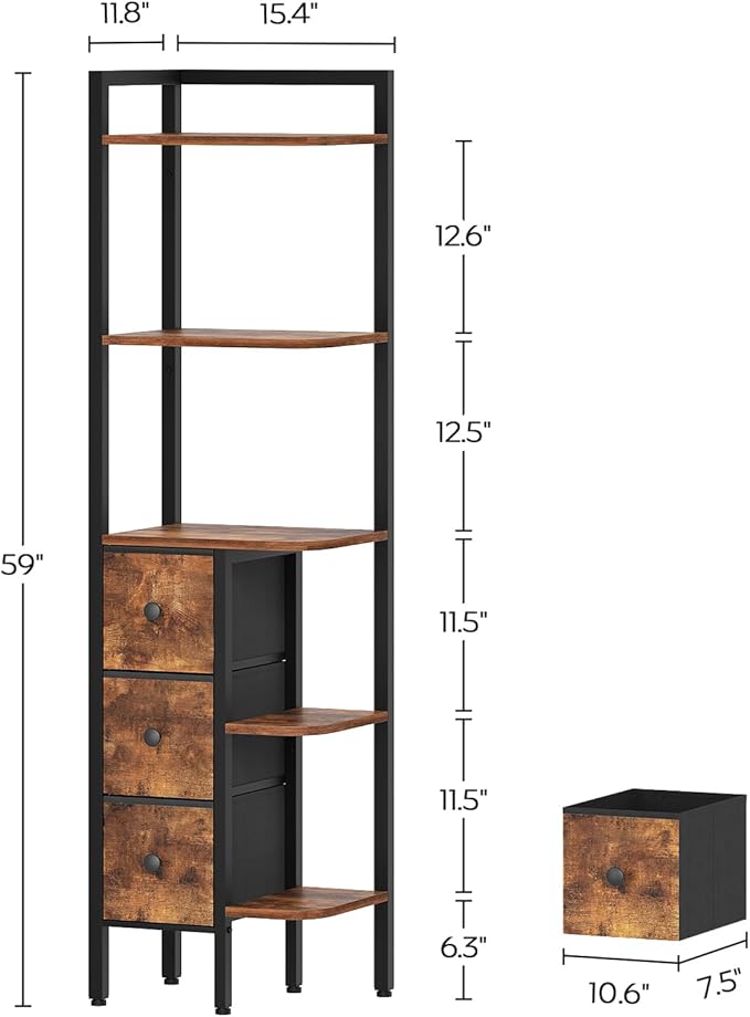 YATINEY Corner Shelf Stand, 5-Tier Corner Bookshelf with 3 Drawers, Industrial Display Shelf for Narrow Spaces, Wooden Small Bookcase, Easy Assembly, Rustic Brown and Black CJ10BR