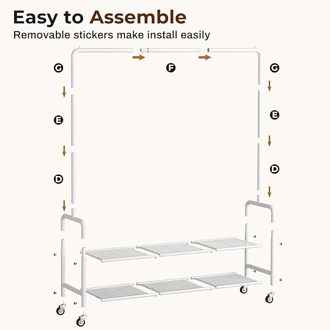 MISSLO Heavy Duty Clothes Rack with Shelves 46.5" Large Rolling Clothing Racks for Hanging Clothes, Garment, Coat, White
