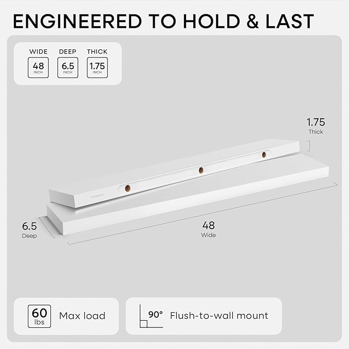 Homeforia White Floating Shelf 48 inches, High End Solid Real Wood 48inch Long Floating Shelves for Wall Mounted, White Wooden 48in Floating Shelves, Heavy Duty Bracket, 48 X 6.5 X 1.75 inch, Set of 2