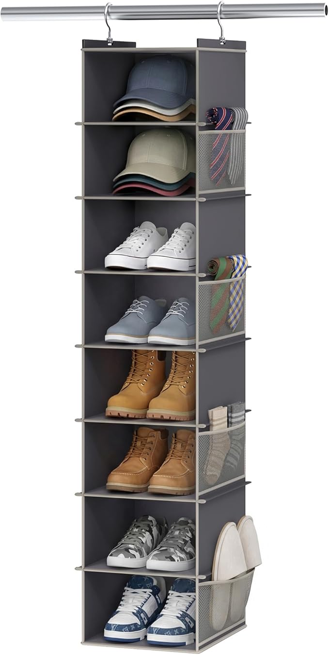 YOUDENOVA Upgraded Extra Wide Hanging Shoe Organizer for Closet, 8-Shelf Storage Organizer with 8 Side Pockets, Hanging Shoe Rack for Hats Clothes Jeans, Grey