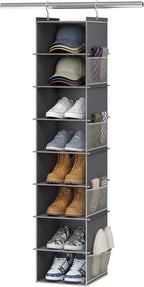YOUDENOVA Upgraded Extra Wide Hanging Shoe Organizer for Closet, 8-Shelf Storage Organizer with 8 Side Pockets, Hanging Shoe Rack for Hats Clothes Jeans, Grey