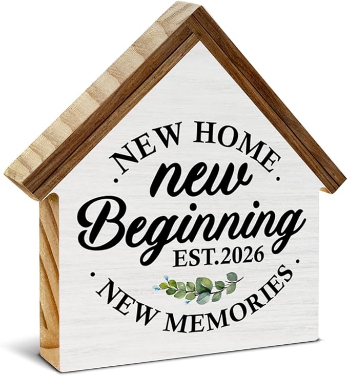 2026 Housewarming Gifts, New Home Gift Ideas, New Beginnings House Shaped Wooden Block Sign, Home Living Room Decor for Desk Table Shelf
