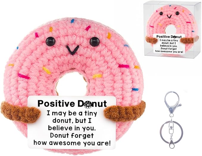 Funny Positive Crochet Donut,Emotional Support Donuts Themed Gift,cute Stuffed Animals Plush,Birthday Gifts for Women,friends(Pink Donut)