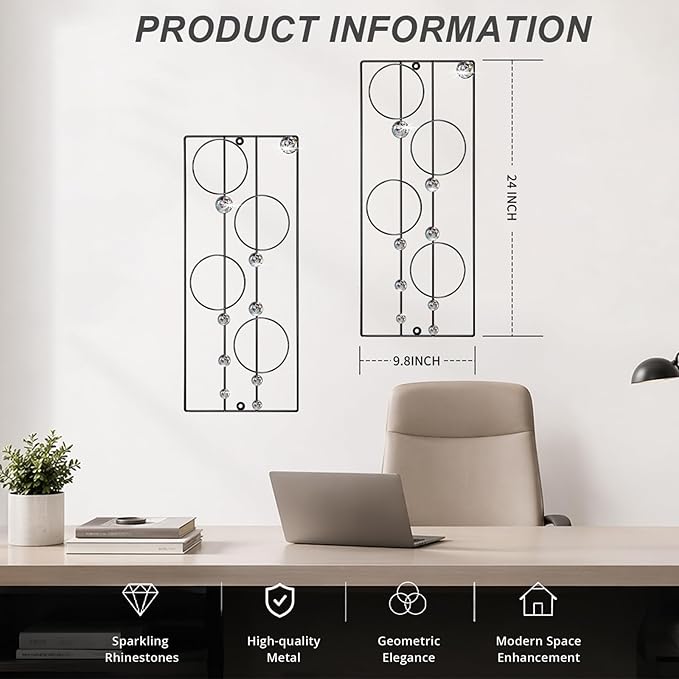 ZEXUIRU 2 Pcs. Abstract Metal Art for Wall Decor Living Room Bedroom Bathroom Office Metal Bling Modern Geometric Hanging Vertical Small Iron Sculpture Plaque Pack -Black 24in