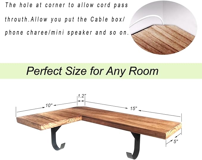 HAO Floating Corner Wall Shelves Rustic Wood Mounted Shelving L Shape Shelf with Cable Wire Hole Pattern for Bedroom Living Room Bathroom Carbonized Black 16 Inch Set of 2