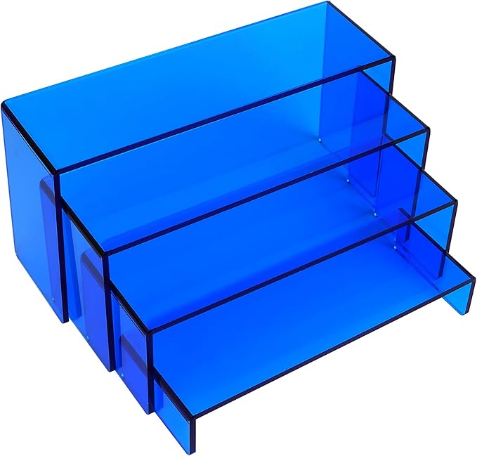 ELEGANTLIFE Acrylic Display Risers Set of 4, 4-Level Tiered Display Stands for Cupcakes, Small Figures & Jewelry, Compact Countertop Display Shelf, Multiple Colors Available (Translucent Blue)