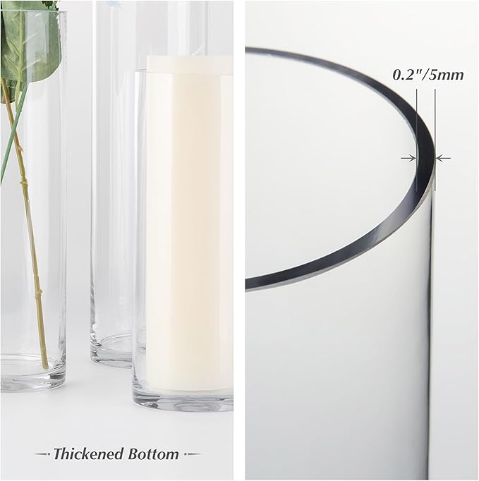 WGVI Quality Thick Weighted Clear Cylinder Glass Vases, 4" W x 8" H, Flower Arrangement Floating Candle Holders Wedding Centerpieces Terrarium Planter Floral Storage Container, Bulk Wholesale, 12 Pcs