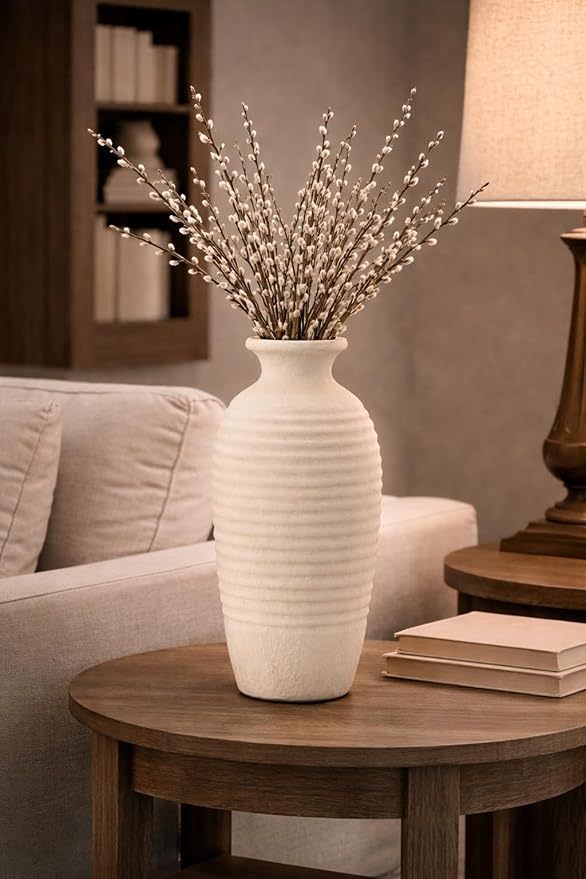 Ceramic Natural Rustic Vase, 14.4 Inch Large Vintage Flower Threaded Decorative Farmhouse Tall Vase for Home Decor, Living Room, Shelf Decor, Wedding, Housewarming Gift, Off-White