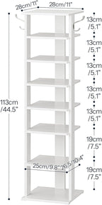HOOBRO 8 Tiers Vertical Shoe Rack, Wooden Shoe Storage Organizer with Hooks, Narrow Shoe Tower for 8 Pairs, Space Saving, for Entryway, Living Room, Bedroom, White WT07XJ01G1