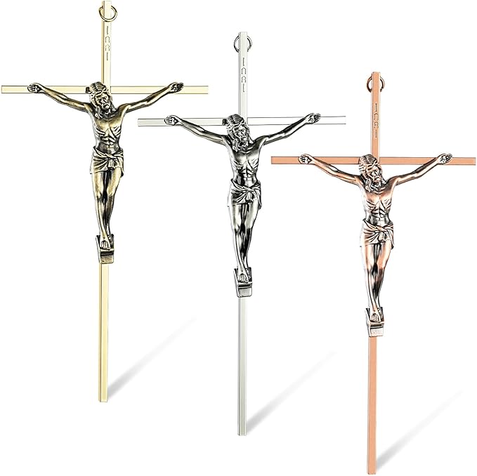 ACHIBANG 10" Crucifix Wall Cross 3 Pack – Gold, Silver & Copper Jesus Crosses for Wall, Catholic Crucifix Wall Decor for Home or Over-the-Door Blessing