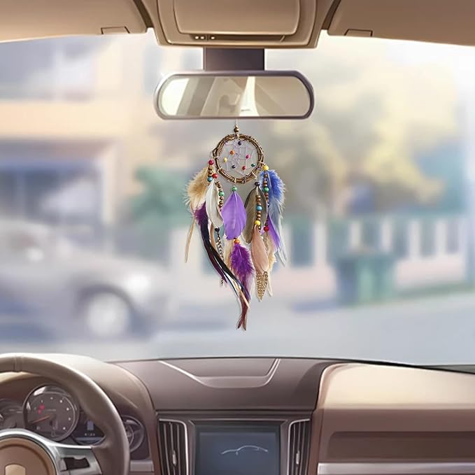 Mini Dream Catcher for Car Rear View Mirror Accessories - Handmade Small Purple Dreamcatchers Boho Car Charm Interior Decor, Native Ameican Indian Ornament