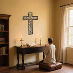 Black Metal Cross Wall Decor Iron Christian Cross for Home Church, Hollow Out Artistic Hanging Ornament, Crosses Wall Decor for Living Room, Bedroom, Decorative Thankful Religious Gift, 18.5x12.3 Inch