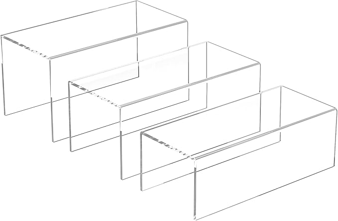 Sezanrpt Clear Display Risers Shelf 3pcs, Countertop Rectangular Acrylic Display Storage Organizer, Acrylic Stands for Funko Pop Figure, Cosmetics, Bags, Shoes, Toys, Collectibles - 12- 4'', 5'', 6''