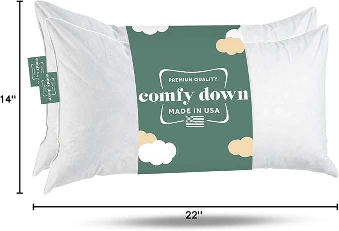 ComfyDown Set of 2 14x22 Decorative Throw Pillow Insert, Down and Feathers Fill, 100% Cotton Cover 233 Thread Count, Rectangle Pillow Insert - Made in USA
