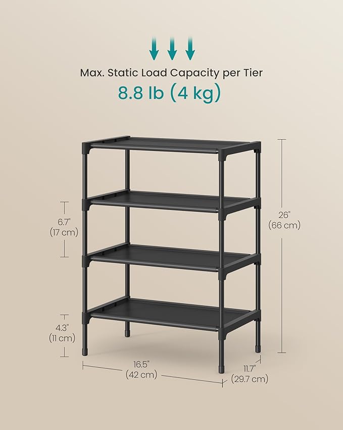 SONGMICS Shoe Rack, 4-Tier Shoe Storage Organizer, Space-Saving, 11.7 x 16.5 x 26 Inches, Entryway, Metal Frame, Non-Woven Fabric Shelves, Ink Black ULSH014BH01
