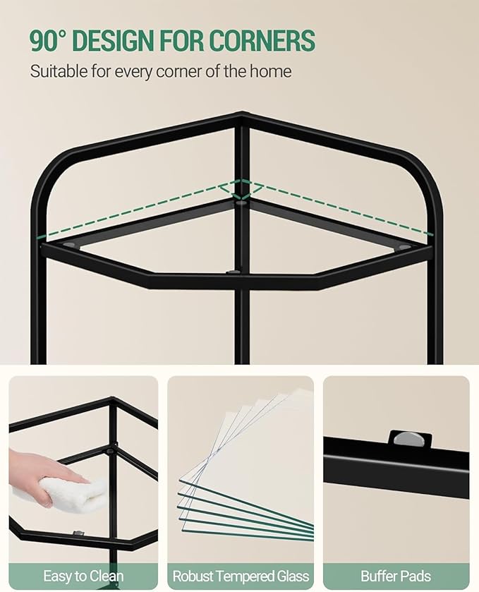 Hzuaneri Corner Shelf Stand, 6-Tier Glass Bookshelf Bookcase, Bathroom Organizer, Plant Stand, Steel Frame, Tempered Glass, Modern Style for Living Room, Bathroom, Kitchen, Black CS90600B