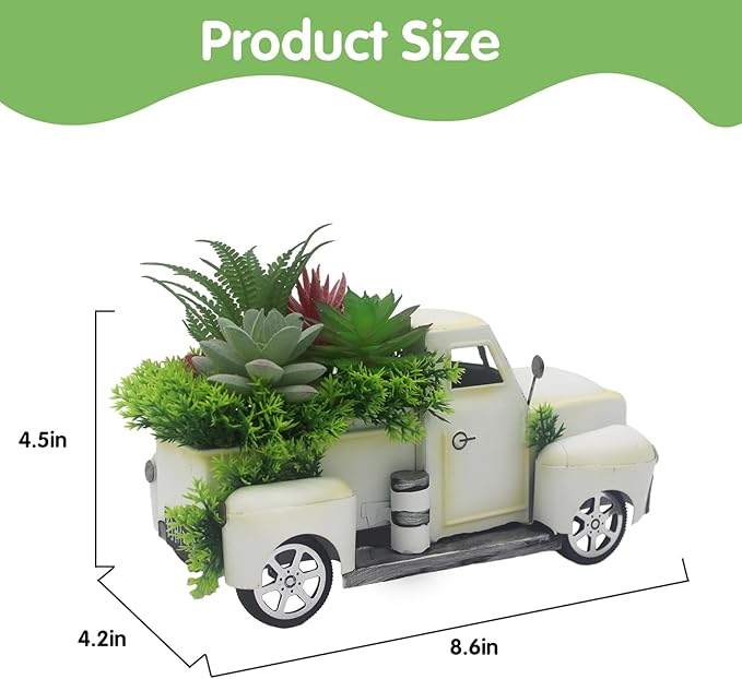 Farmhouse Metal Truck Decor with Artificial Succulents - Rustic Iron Pickup Truck with Removable Faux Succulent Planter for Entryway, Living Room, Coffee Bar Tabletop Decoration