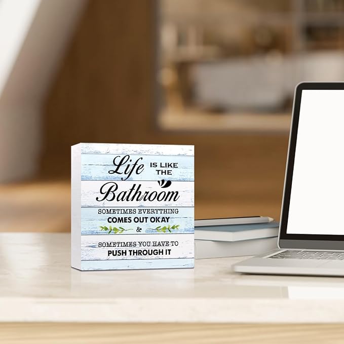BlueL Life is Like The Bathroom Wooden Box Sign Desk Decor,Funny Bathroom Wood Block Sign for Farmhouse Toilet Shelf Decor