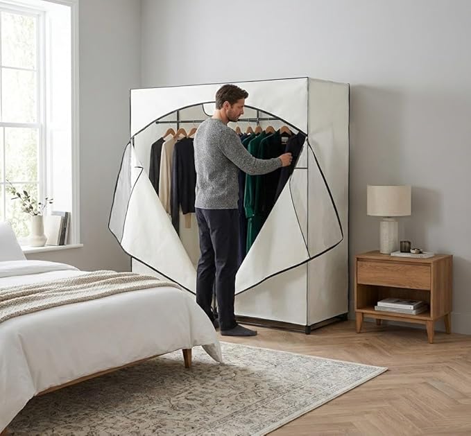 HOLDN’ STORAGE Portable Wardrobe Closet - 65 lb Large Capacity, Internal Heavy Duty Metal Rod, Zipper & Clear Window, Durable Clothes Organizer, Tool-Free Easy Assembly, White Canvas Cover