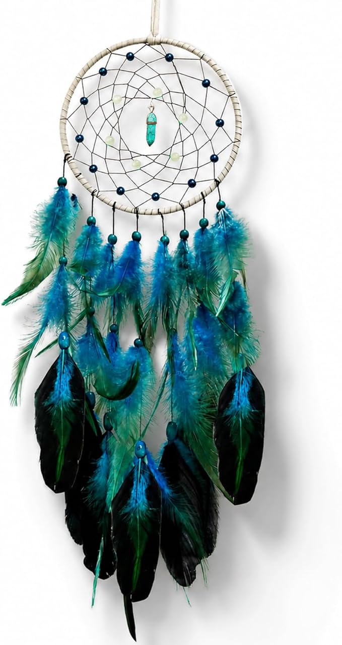 Blue Dream Catchers Luminous Dream Catcher for Boys Girls Kids Bedroom Handmade Nature Feather Decor Wall Hanging