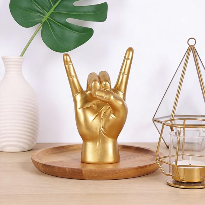 QIANLING 7.7" Gold Rock On Hand Statue, Modern Hand Gesture Sculpture, Rock Music Room Decor, Heavy Metal Party Accent Tabletop Figurine for Desk, Bookshelf, Mantel & Home Office