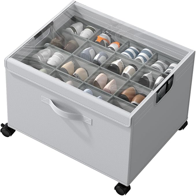 HOUSE AGAIN Shoe Organizer for Closet, Foldable Shoe Storage Organizer Box with Wheels and Adjustable Dividers, Sturdy Metal Frame Fits up to 16-32 Pairs, Large Shoes Storage with Clear Cover