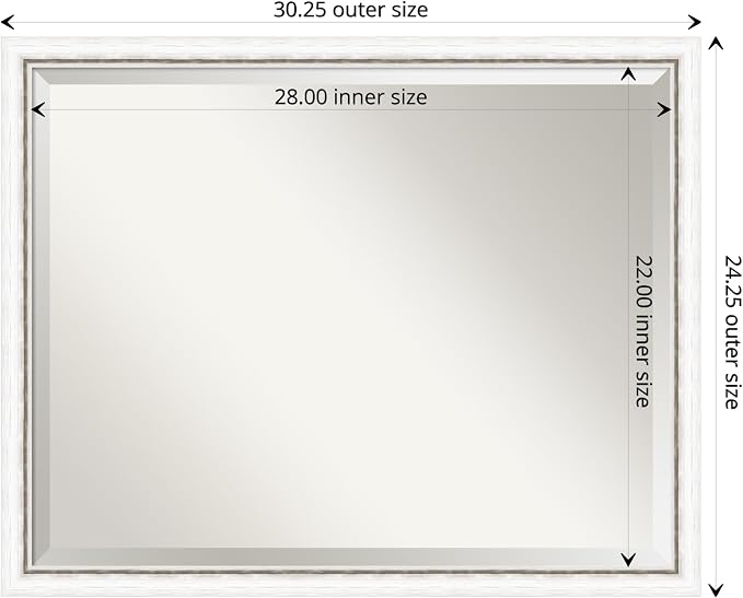 Amanti Art White Wall Mirror 24x30 Morgan White Silver Rectangle Bathroom Mirror for Wall Decor Living Room, Large Modern Wood Frame, Hangs Horizonally and Vertically, Bathroom Decor, Beveled Edge