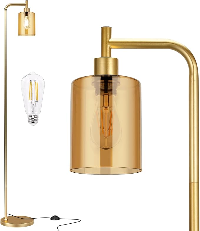 Ziisee Floor Lamps for Living Room - Gold Standing Lamp with Amber Glass Shade, Modern Floor Lamp with LED Bulbs, Bright Industrial Floor Lamp for Bedroom, Farmhouse Tall Lamp for Office