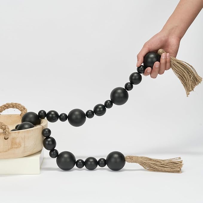 2" Extra Large Wood Bead Garland with Tassels, 50" Long Rustic Farmhouse Wooden Beads Garland, Decorative Beads Boho Decorations for Home Table Mantle Black