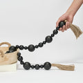 2" Extra Large Wood Bead Garland with Tassels, 44" Long Rustic Farmhouse Wooden Beads Garland, Decorative Beads Boho Decorations for Home Table Mantle Black
