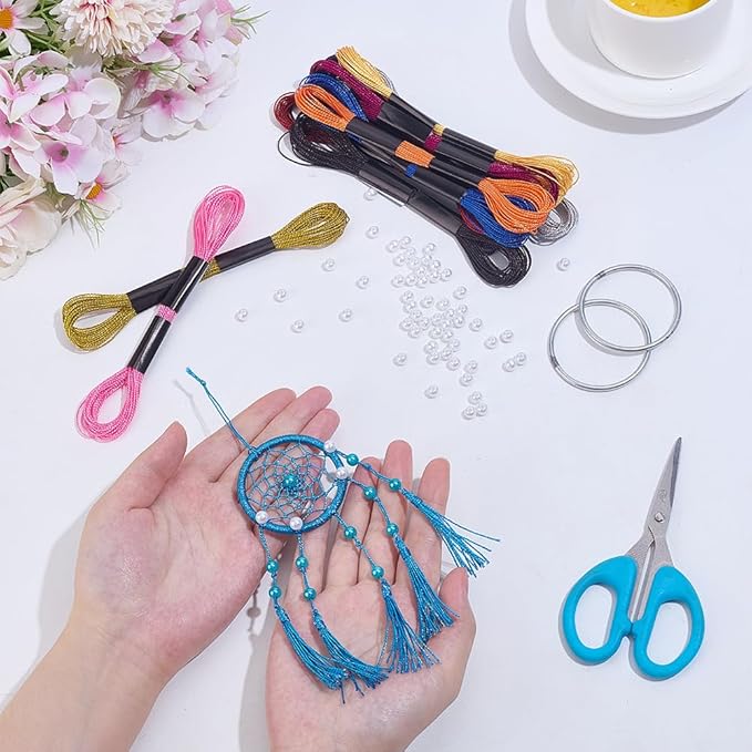 INFUNLY 12 Set DIY Small Dream Catcher Kit Metallic Color Round Mini Dream Catcher Kit Handmade Dreamcatcher Kit with Instructions Boho Hanging Ornament Making Kit for Bedroom Car Mirror Keychain Bag